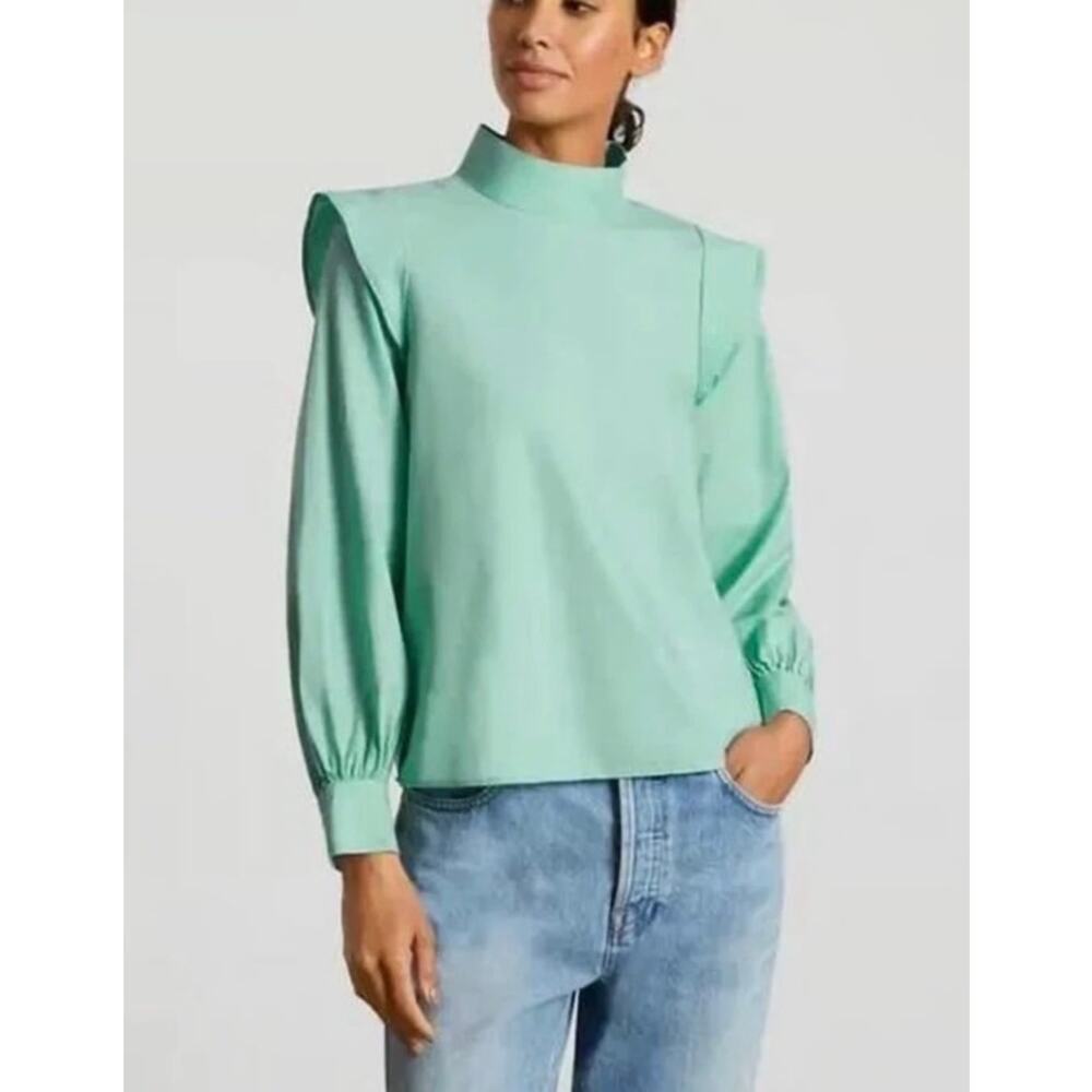 Everlane Wing Shoulder Mockneck Top 2 Green Cotton Statement Sleeve Minimalist